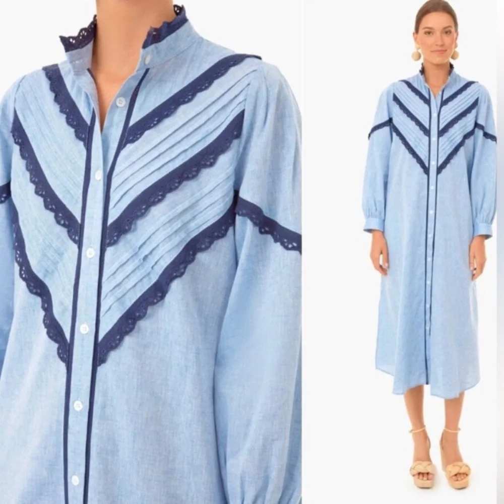 Pomander Place Tuckernuck Blue Linen Blend Lace Trim Maxi Shirt Dress S